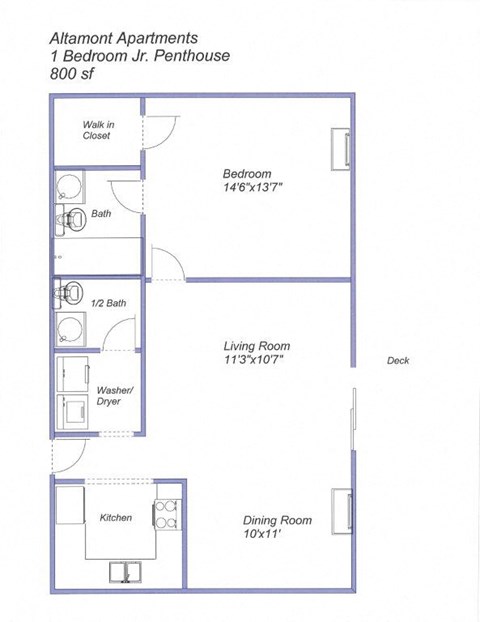 Floor plan for 1 bed, 1.5 baths, 800 sqft